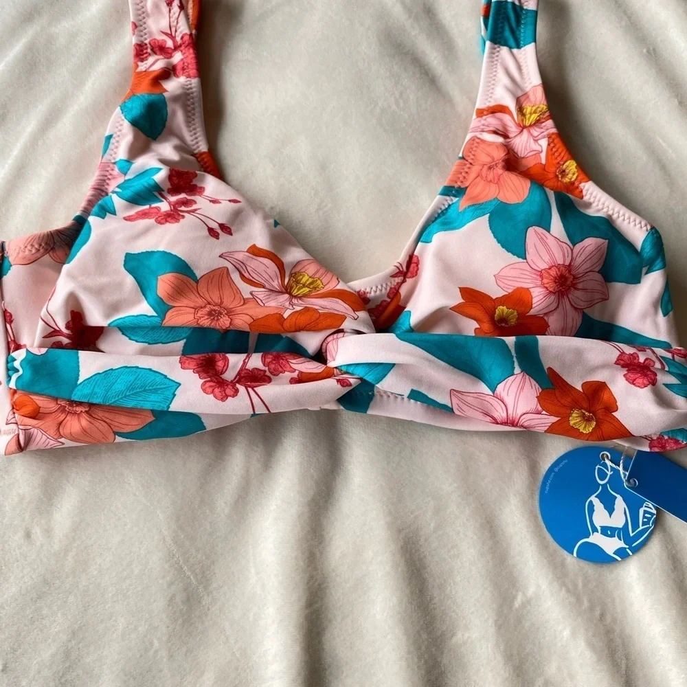 Cupshe Floral Bikini Top Pink Orange Teal Twist Front – Size Small NWT